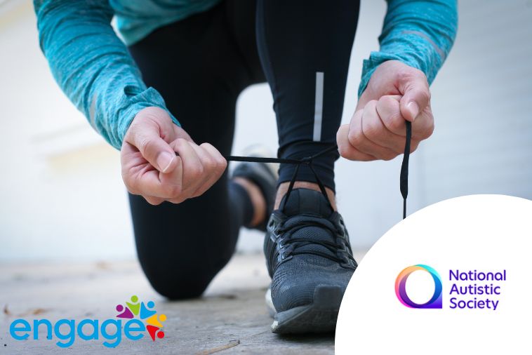 Man kneeling down tying a shoelace getting ready to run. Engage logo and National Autistic Society logo