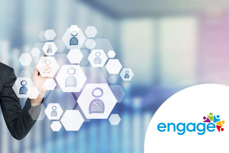 engage logo in a semi circle overlaid on a background of hexagons with people representations in them