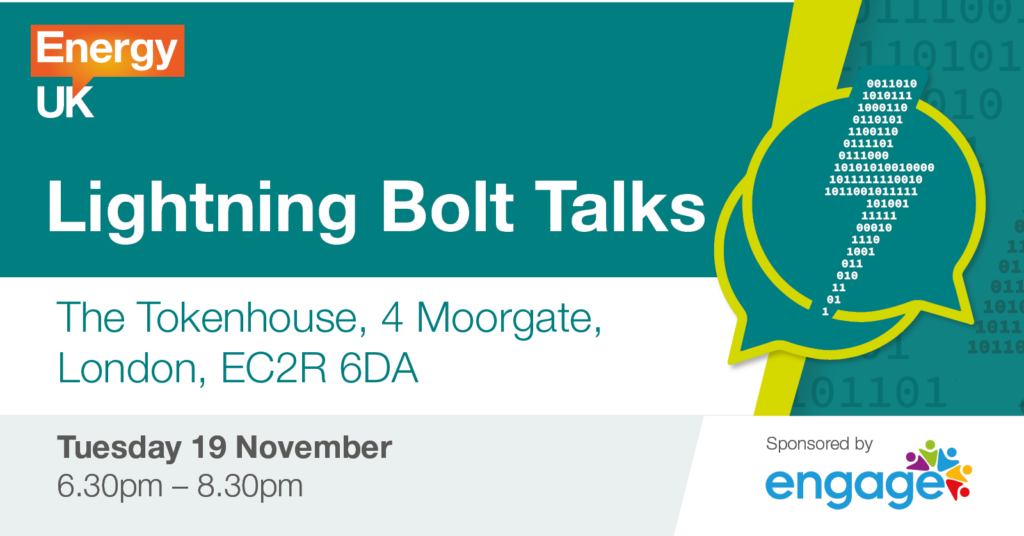 Lightning bolt talk details with Engage sponsoring logo